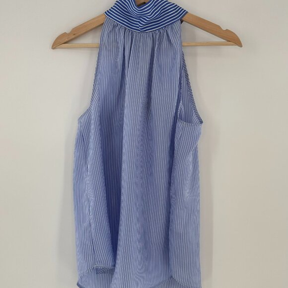 J.Crew 100% Silk High Neck Tie Blue & White Striped Sleeveless Top Size 6 - Picture 1 of 10